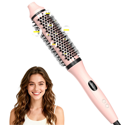Cepillo térmico moldeador rosa con cerdas de cerámica, junto a mujer con cabello ondulado castaño