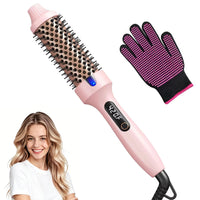 Infografía del cepillo térmico: uso en cabello seco, doble voltaje, calienta en 30 segundos y 6 niveles de temperatura